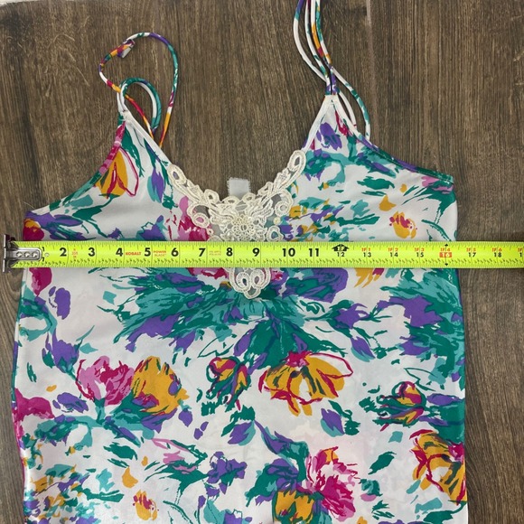 Vintage Cinema Etoile 80s Floral Satin Slip Dress Lace Trim Ruffle Hem Maxi - Picture 7 of 10